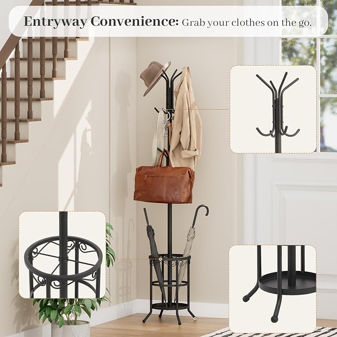 Coat Rack Freestanding with Umbrella Holder – Metal Hanger Stand, Hall Tree - Image 3