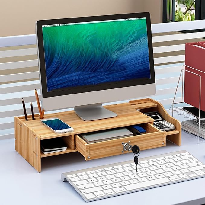 Computer Monitor Stand, Wooden Desktop Organizer Shelf - Image 2
