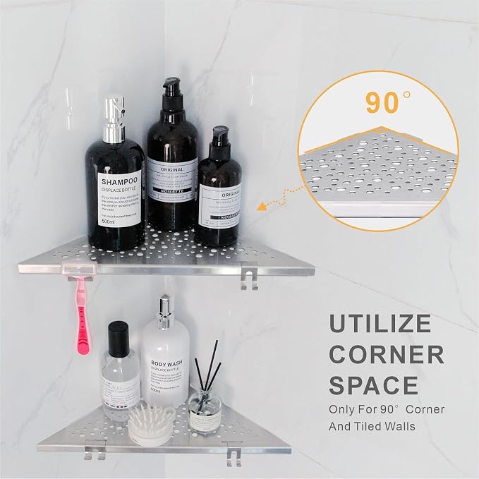 Shower Corner Shelf with 4 Hooks, No-Drill 10" Brushed Nickel 304 Stainless - Image 7