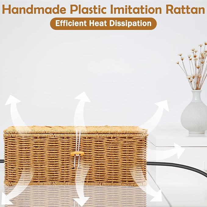 Cable Management Box, Handmade Imitation Rattan Cord Cable Organizer, Open - Image 6