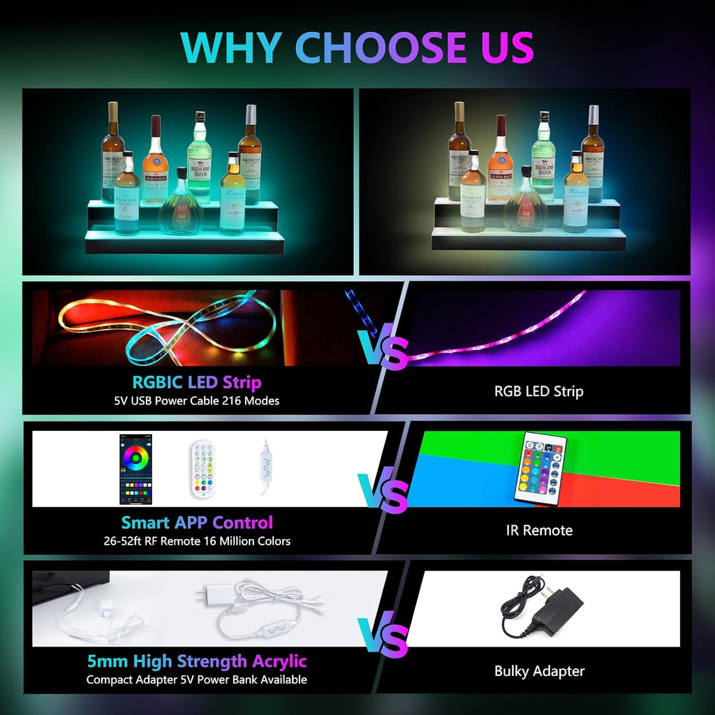 Led Lighted Liquor Bottle Display Shelf, 20 Inch 2 Tier Whiskey Rack