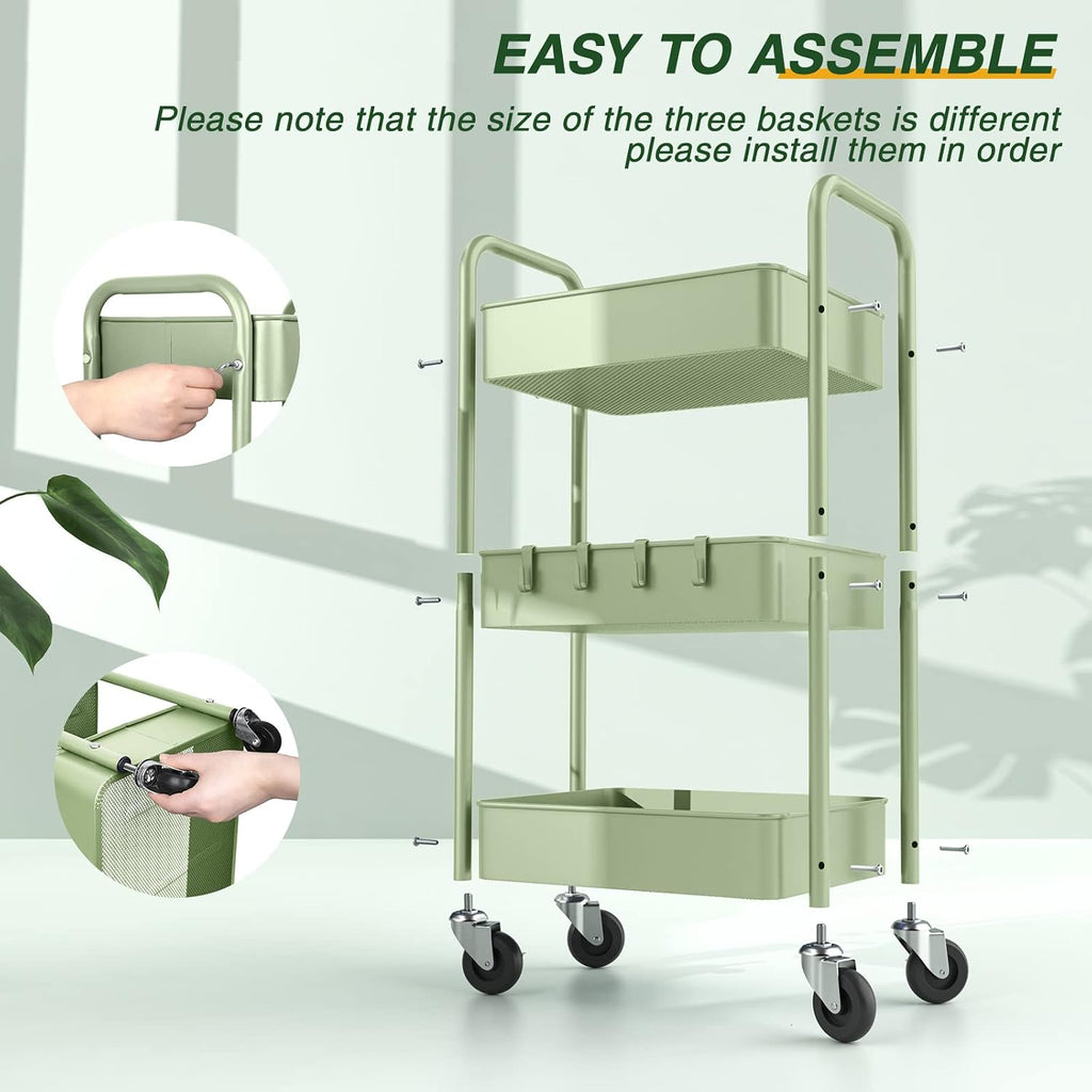 LEHOM 3 Tier Rolling Cart, Metal Rolling Utility Cart with Lockable
