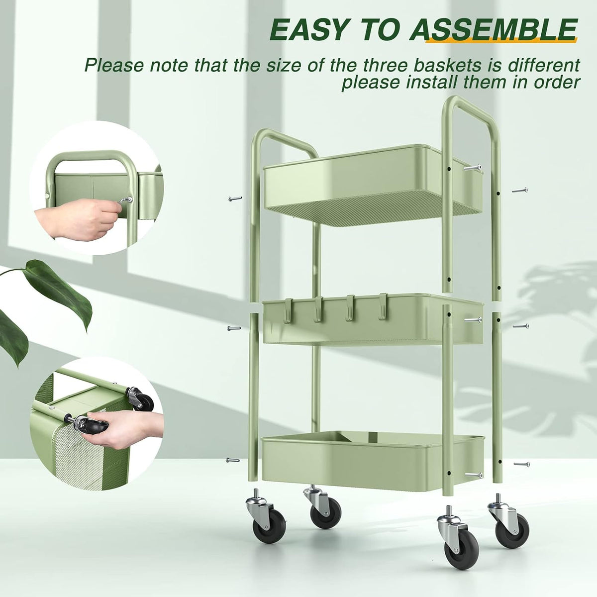 LEHOM 3 Tier Rolling Cart, Metal Rolling Utility Cart with Lockable