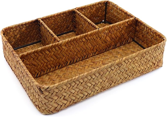 Wicker Baskets 4-Section Tea Bag/Sugar Packet Holder, Seagrass Woven by Unknown