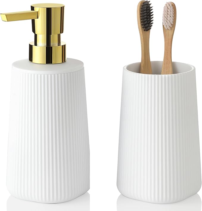 Bathroom Accessories 2 Piece Soap Dispenser and Toothbrush Holder Set Striped by KellyHome