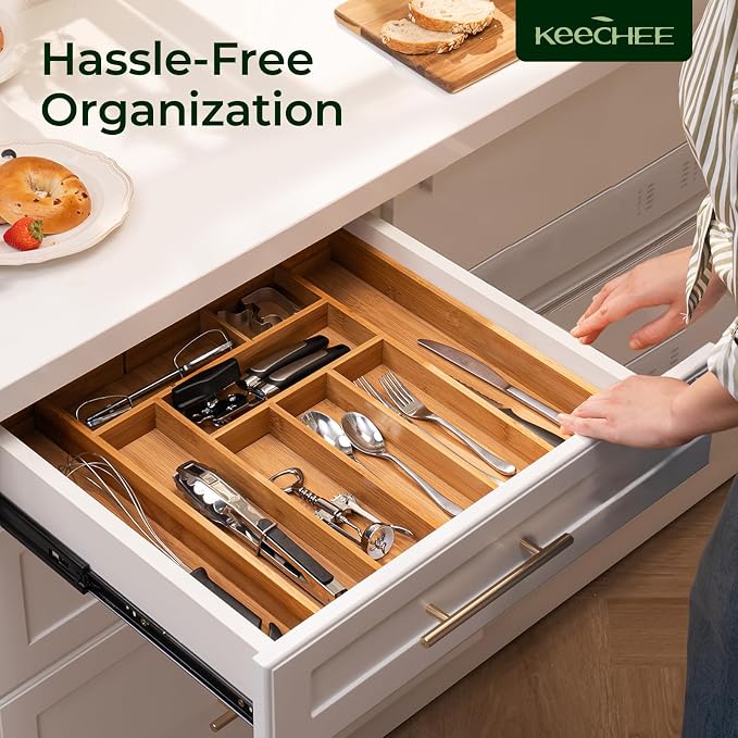 Carbonized Bamboo Kitchen Drawer Organizer, 10 Slots Expandable Silverware - Image 9