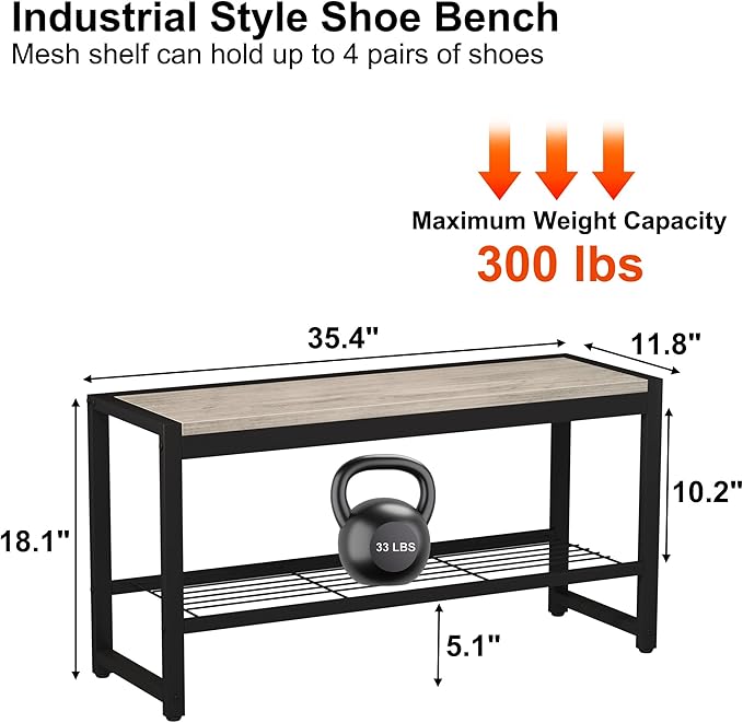 HOMEFORT 2 Tiers Shoe Bench, Retro Industrial Shoe Storage Bench - Image 3