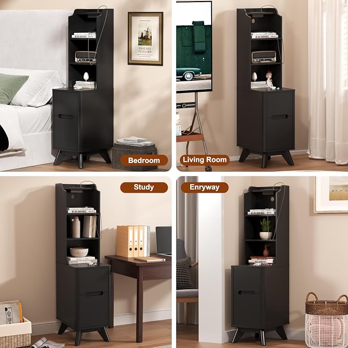 Tall Nightstand with Charging Station, Narrow Side Table with Bookshelf - Image 5