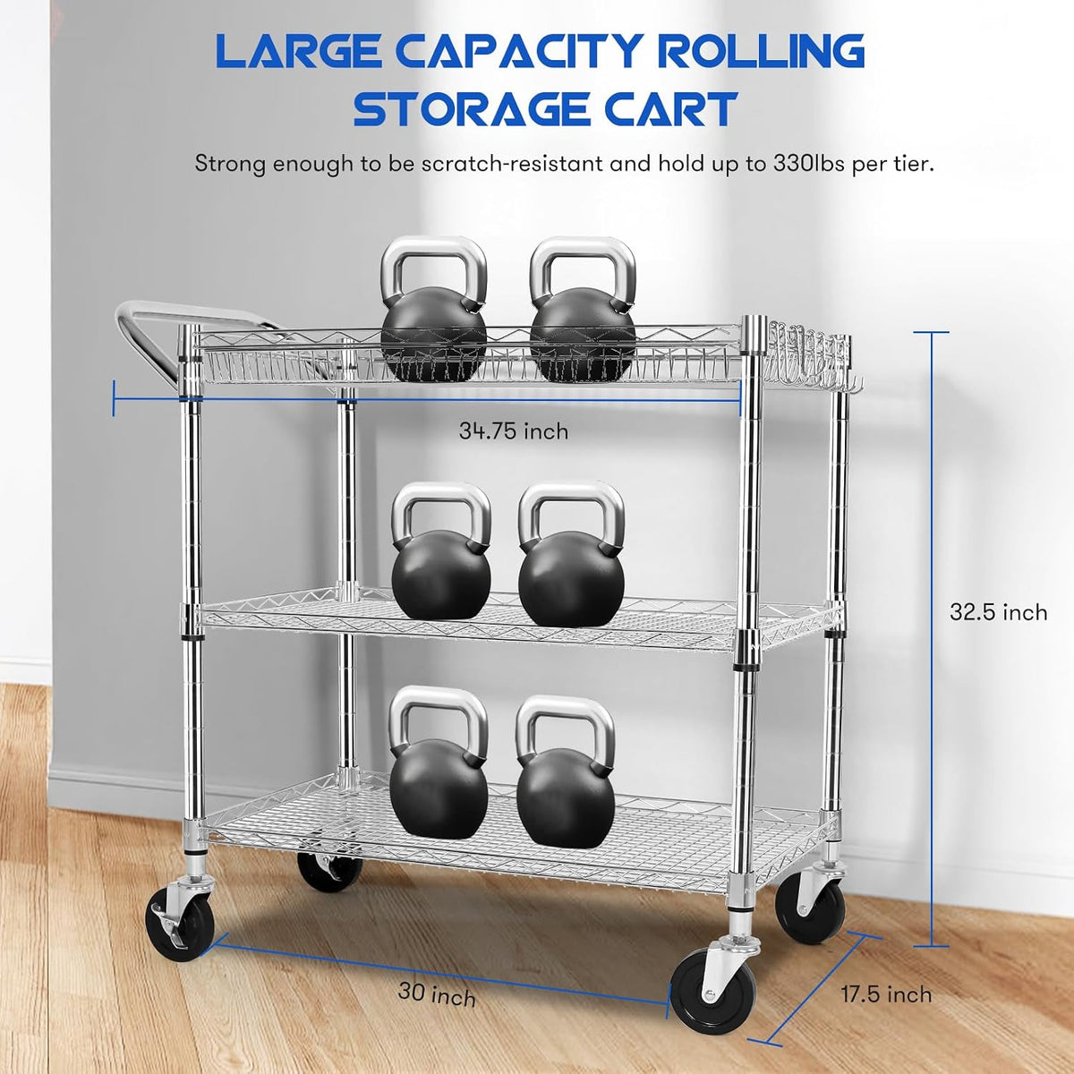 YNN Chrome Utility Rolling Cart,990Lbs 3 Tier Heavy Duty Metal Cart