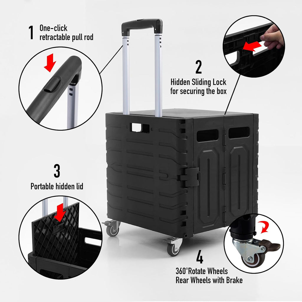 Folding Utility Cart Black Portable Rolling Crate Handcart Foldable