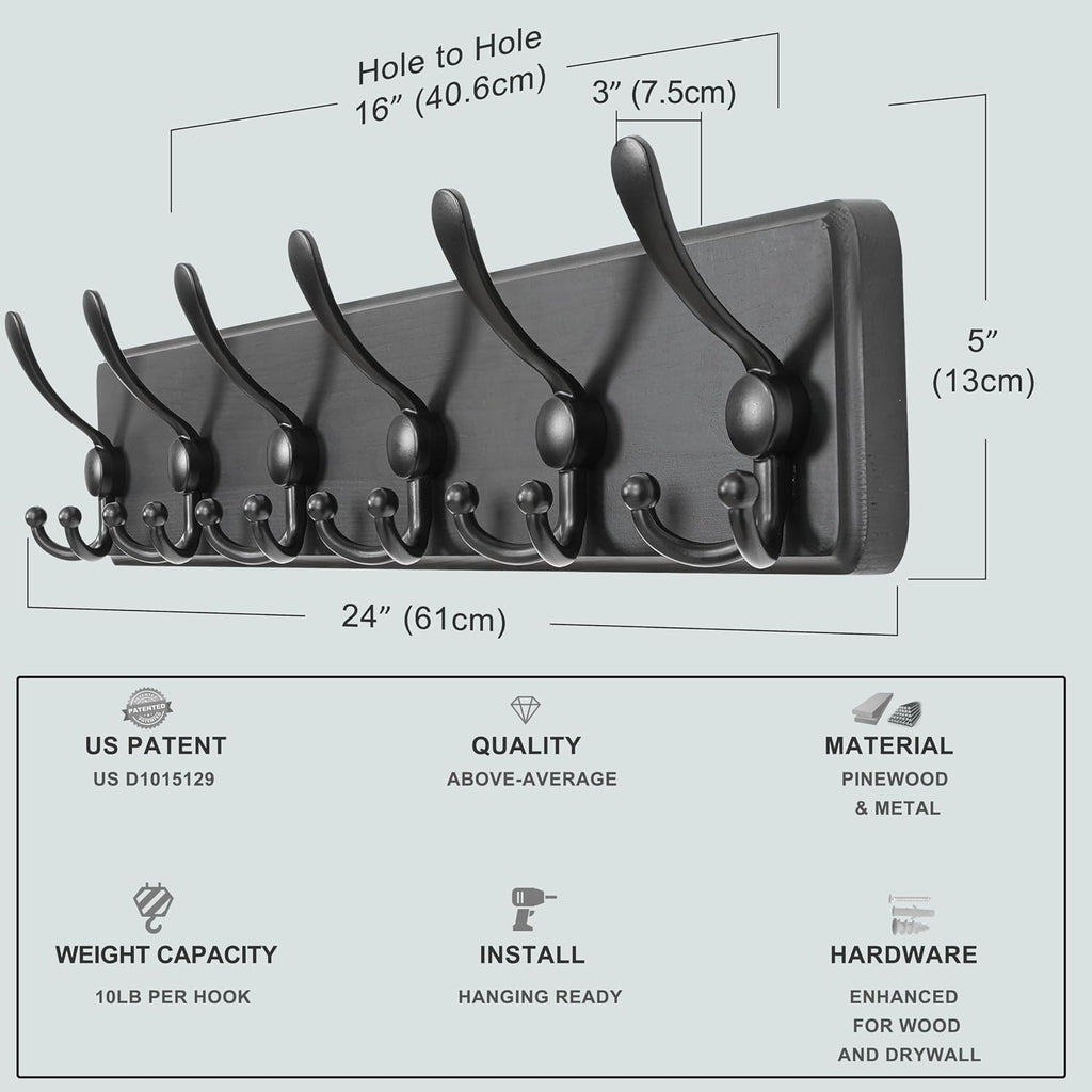 Coat Rack Wall Mounted - 24" Long 6 Tri Hooks, Heavy Duty Wooden Wall