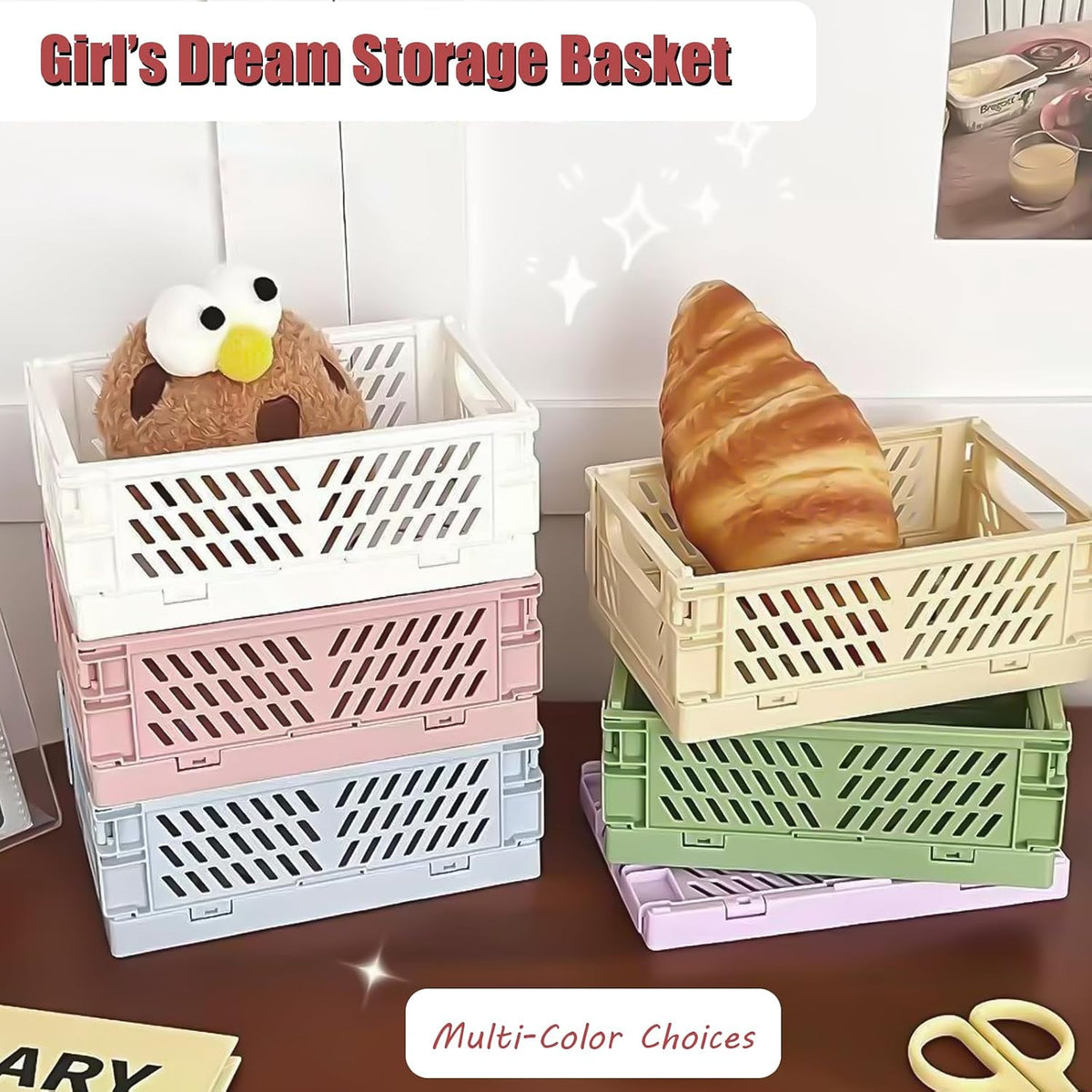Mini Pastel Plastic Storage Bins 2Pcs Foldable Pastel Crates