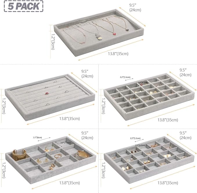 DIOMMELL 5 Pack Stackable Velvet Jewelry Trays Organizer, Jewelry Display - Image 2