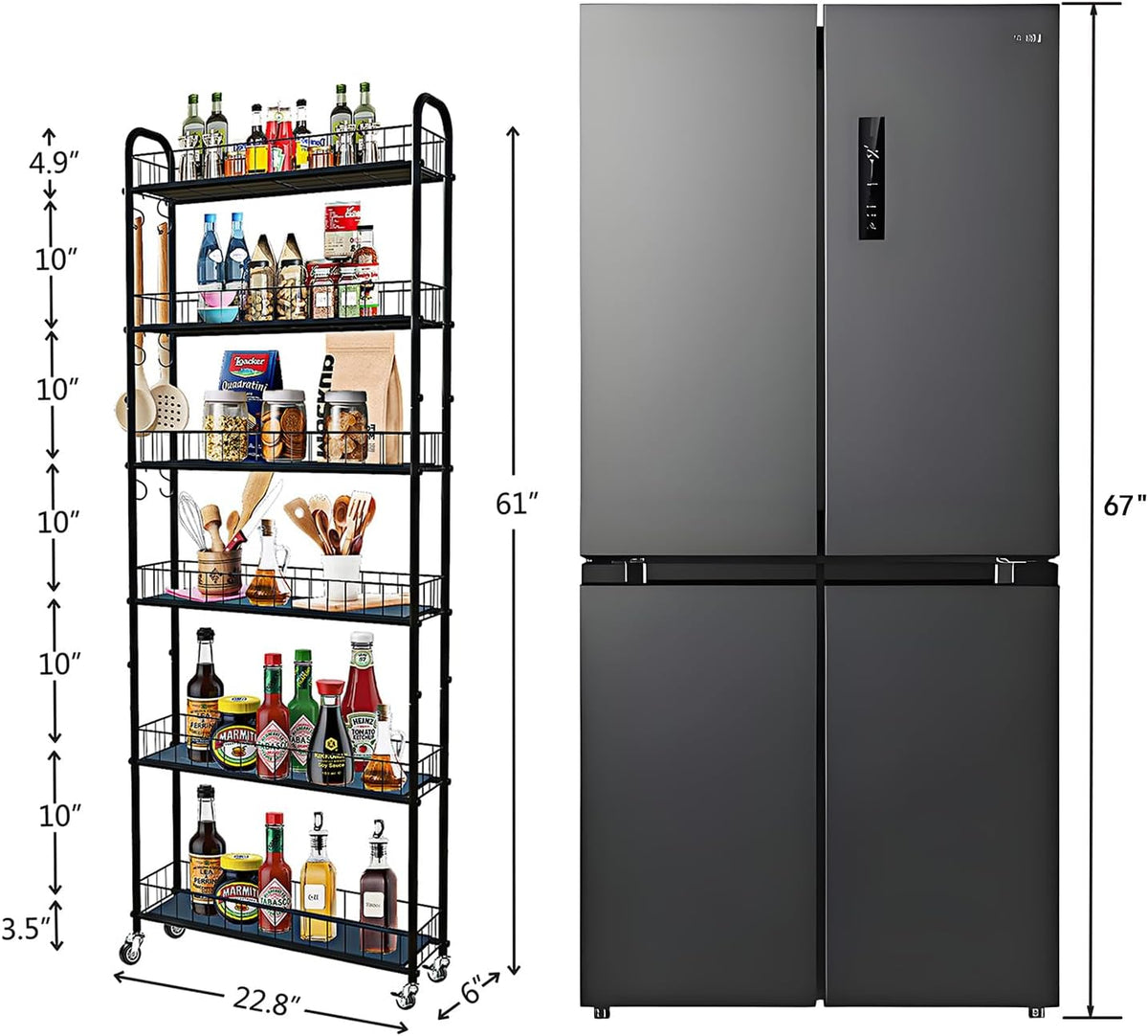 6in 6 Tier Slim Rolling Storage Cart,Mobile Shelving Unit with Wheels