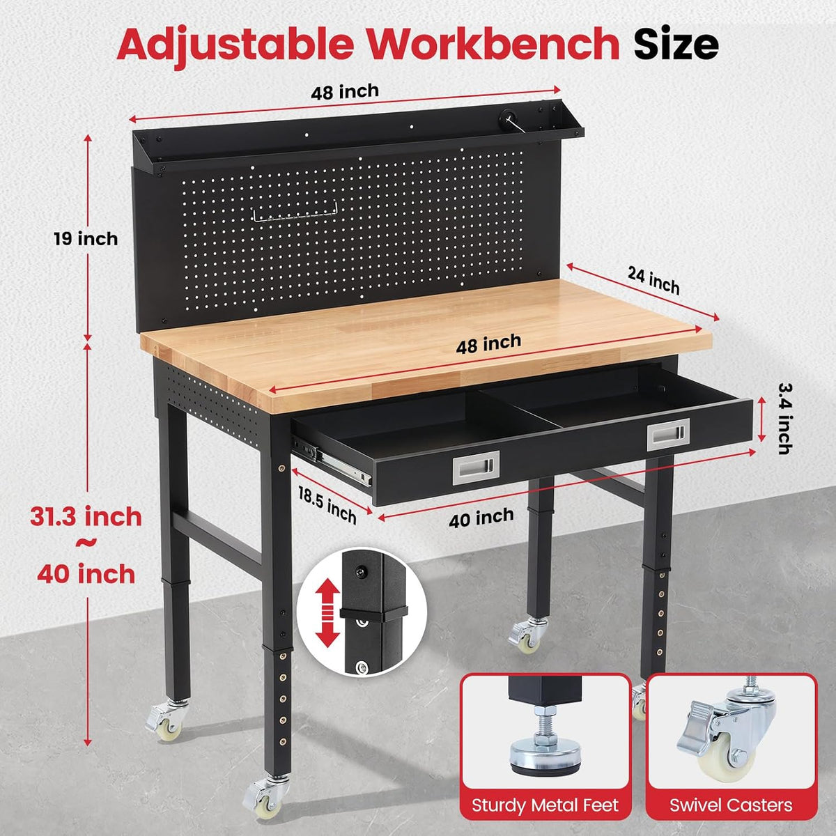 48" Heavy Duty Rolling Workbench with Drawers & Pegboard