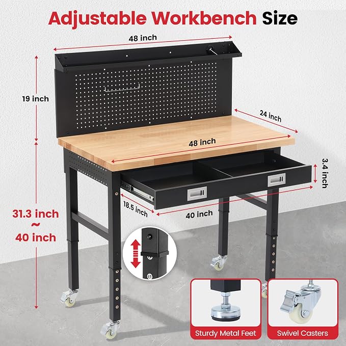 Work Bench for Garage 48 Inch Heavy Duty Rubberwood Tabletop Workbench - Image 2