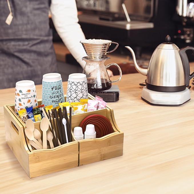 Coffee Station Organizer for Countertop, Bamboo Coffee Bar Condiment Organizer - Image 7
