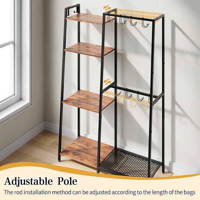 Purse Storage Organizer for Closet, 4-Tier Iron Wood Purse Rack, 8 Purse Hooks - Image 8