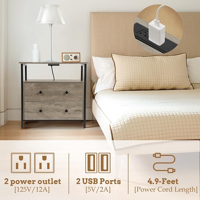 27 inch Wide Night Stand with Charging Station, Bedside Table with Open Shelf - Image 5