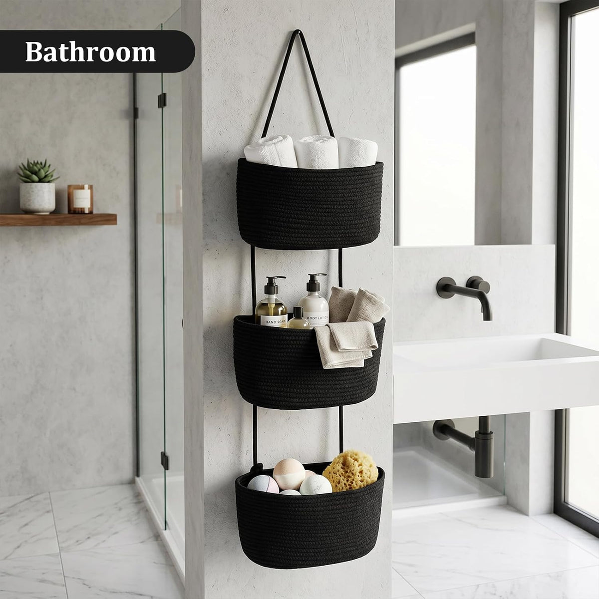 Over the Door Hanging Storage Basket, 3 Tier Wall Organizer Black