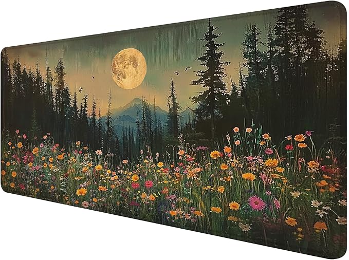 Vintage Moonlit Wildflower Floral Large Mouse Pad 31.5x15.7inch, Retro Nature by Unknown