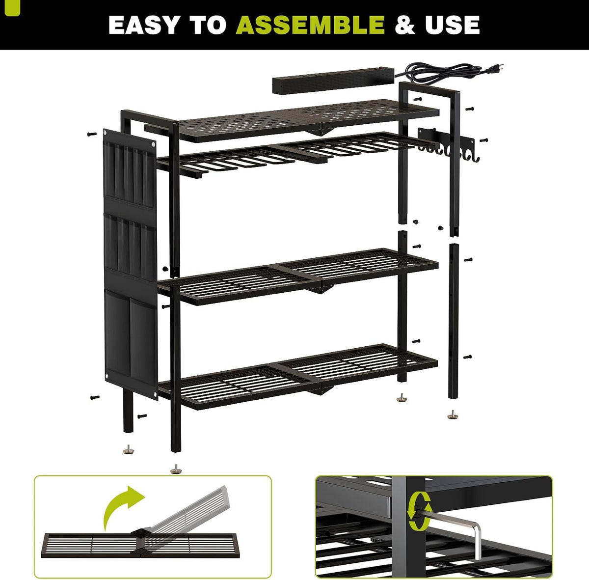 Power Tool Organizer Cart with Charging Station, 8 Drills, Black