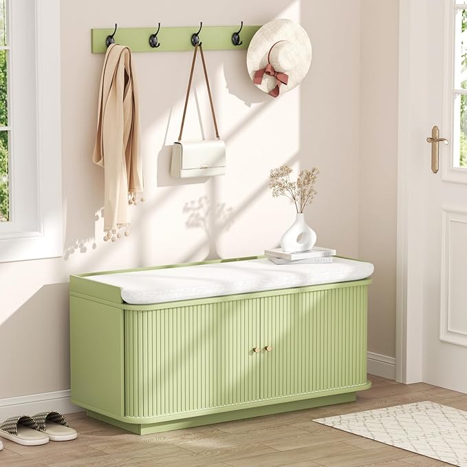 Hall Tree with Bench and Shoe Storage, Entryway Bench with Sliding Door Cabinet by Unknown
