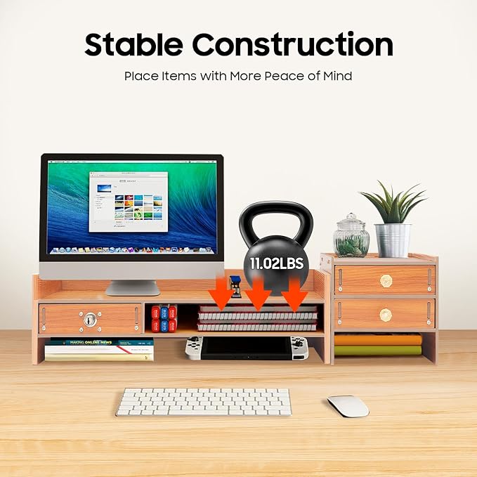 Wood Monitor Stand With Drawers, Desk Organizer With Lockable Drawer & Phone - Image 3