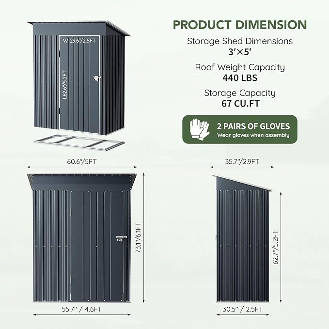 3x5 FT Outdoor Metal Storage Shed - Image 2