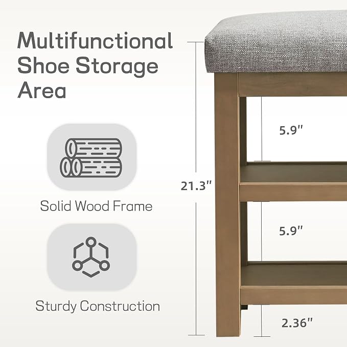 Shoe Rack Bench with Cushion, 2 Tier Solid Wood Storage Bench, Mid-Century - Image 4