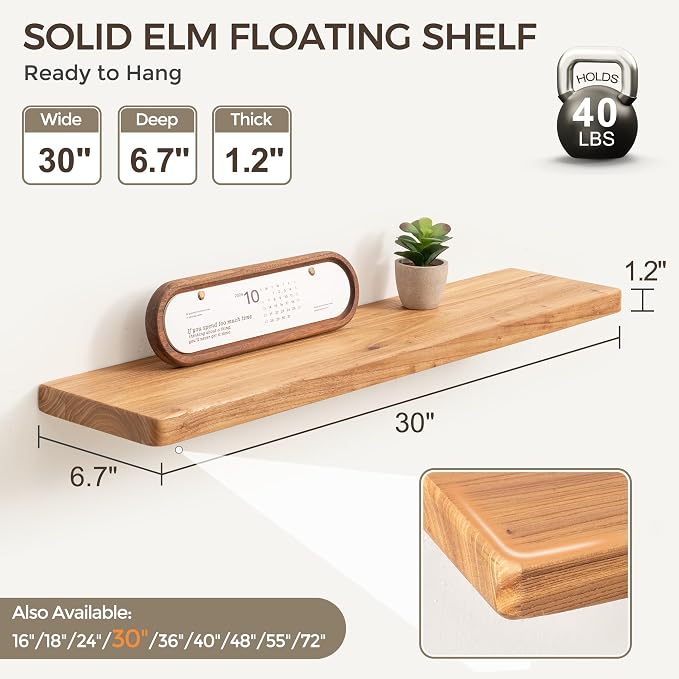 Fun Memories Rustic Elm Wood Floating Shelves, 30 Inch Wall Shelf Set of 2 - Image 3