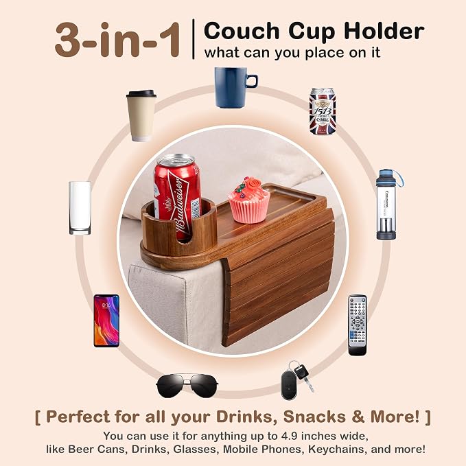 Couch Cup Holder for Thin Armrest Wider Than 4.9'', Acacia Wood Couch Arm Tray - Image 6