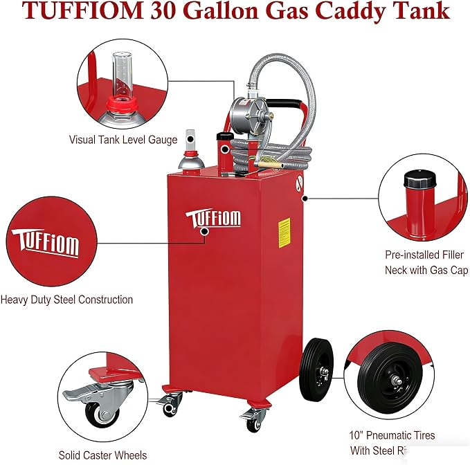 TUFFIOM 30 Gallon Portable Gas Caddy w/Swivel Wheels, Fuel Storage Tank - Image 4
