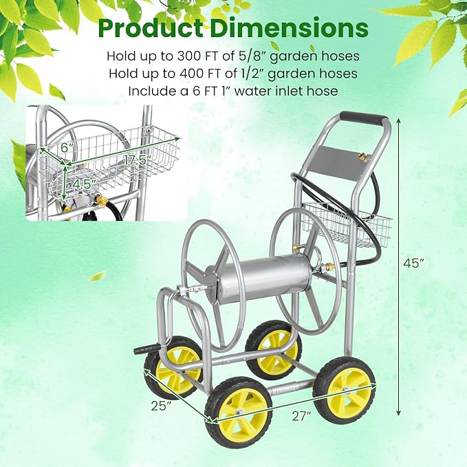 Goplus Garden Hose Reel Cart, 300 FT of 5/8" Large Capacity, Heavy-Duty Metal - Image 7