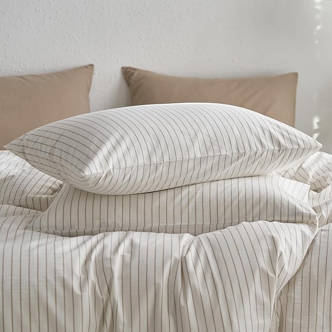 MooMee Bedding Pillowcases Striped Pack of 2 100% Washed Cotton Linen Like by MOOMEE