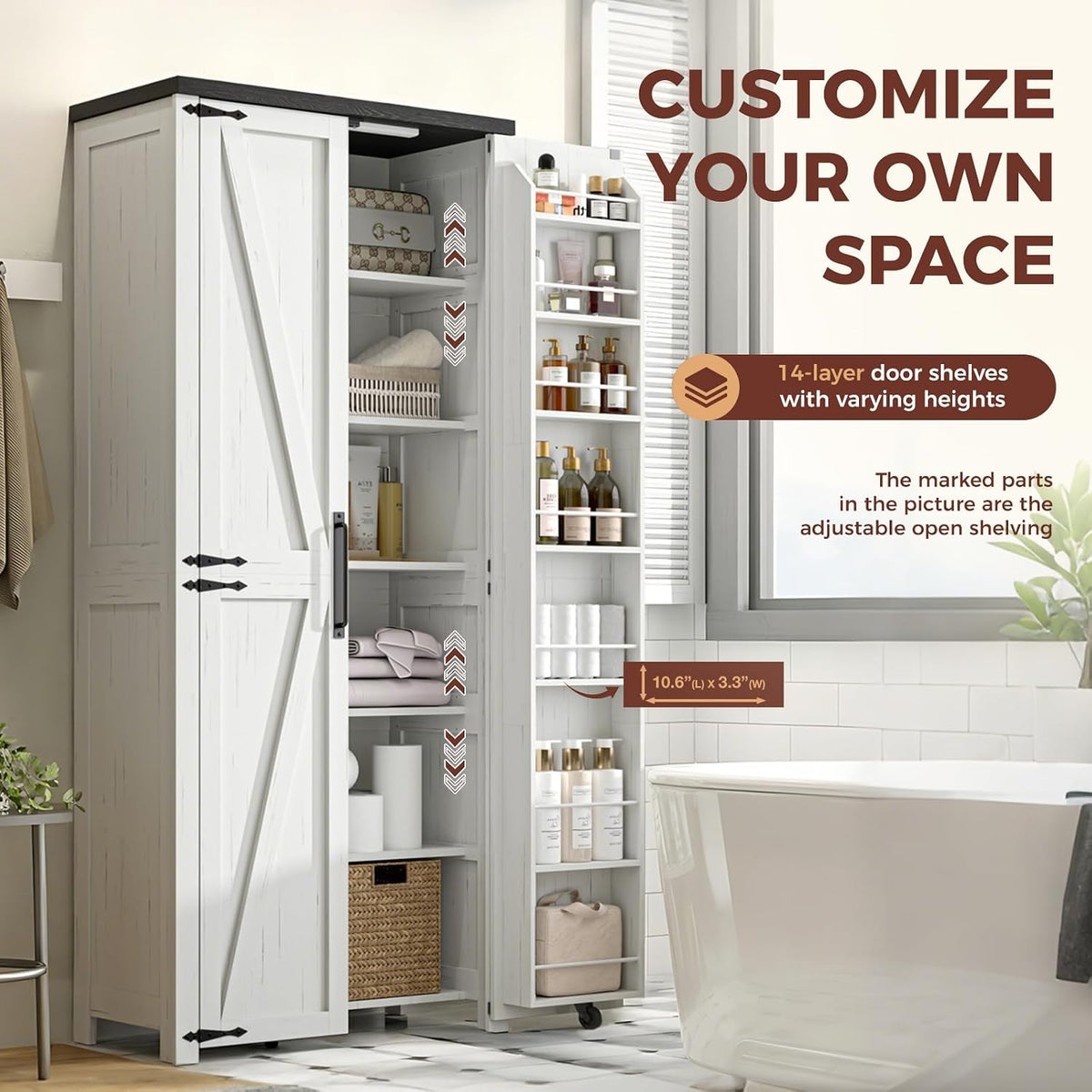 White Farmhouse 72" H Craft Storage Cabinet with Adjustable Shelves