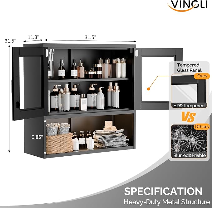 VINGLI Metal Wall Cabinet with Locking Glass Doors & Magnetic LED Sensor Light - Image 3