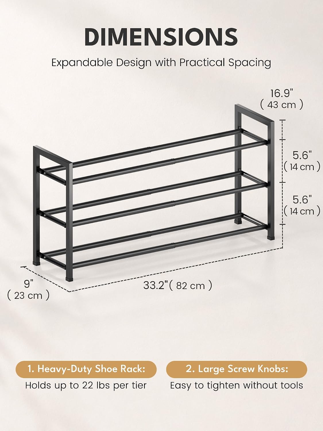 3 Tier Expandable Shoe Rack for Closet, Black