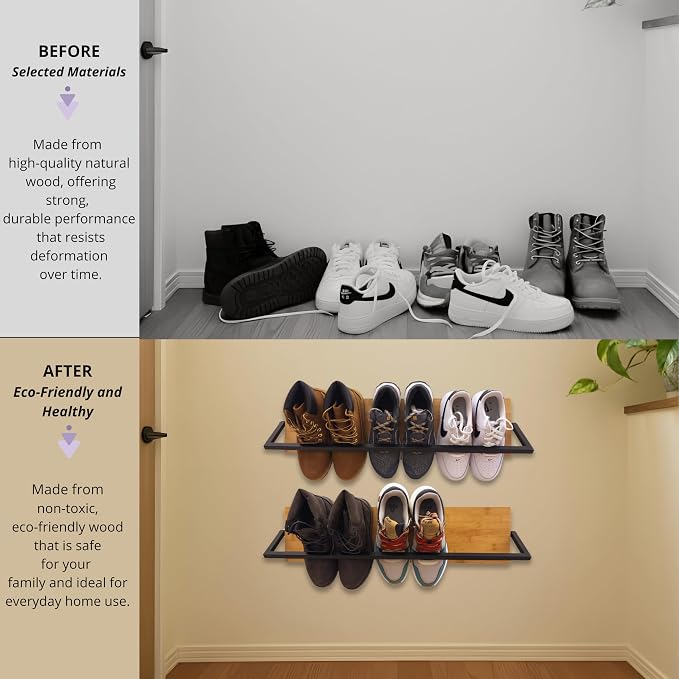 Wall Mounted Shoe Rack Scandinavian Bamboo & Metal Shoe Storage, Space-Saving - Image 5