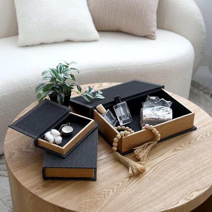 Modern Linen and Wood Decorative Faux Book Boxes Set of 3-13" - Image 6