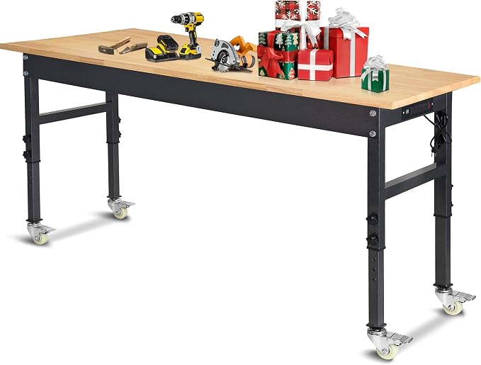 60" Adjustable Work Bench, Rubber Wood Top Workbench Heavy-Duty Work Table by PolarAurora