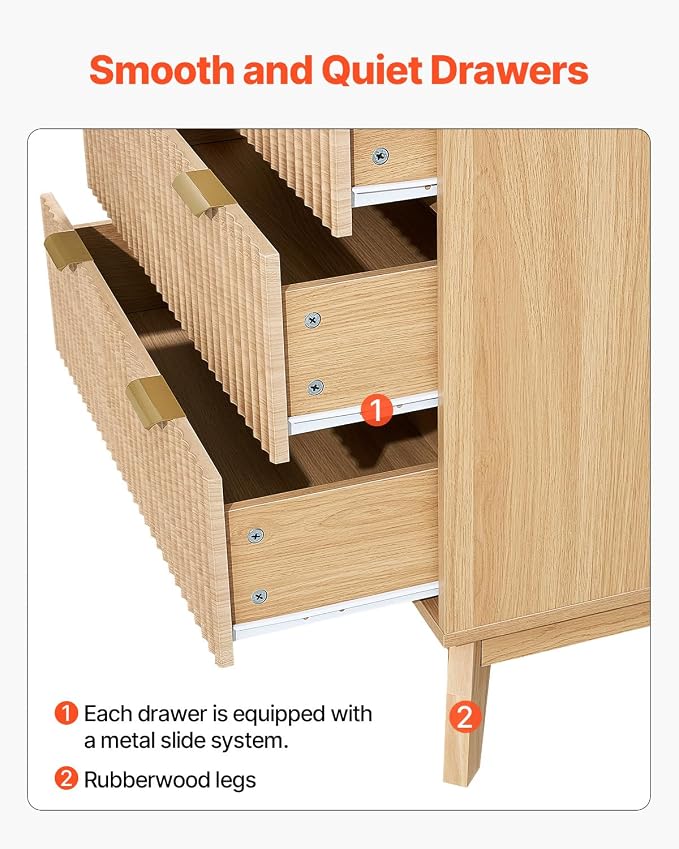 VEVOR Fluted 6 Drawer Dresser, Modern Dresser TV Stand, Wooden Closet Clothes - Image 7