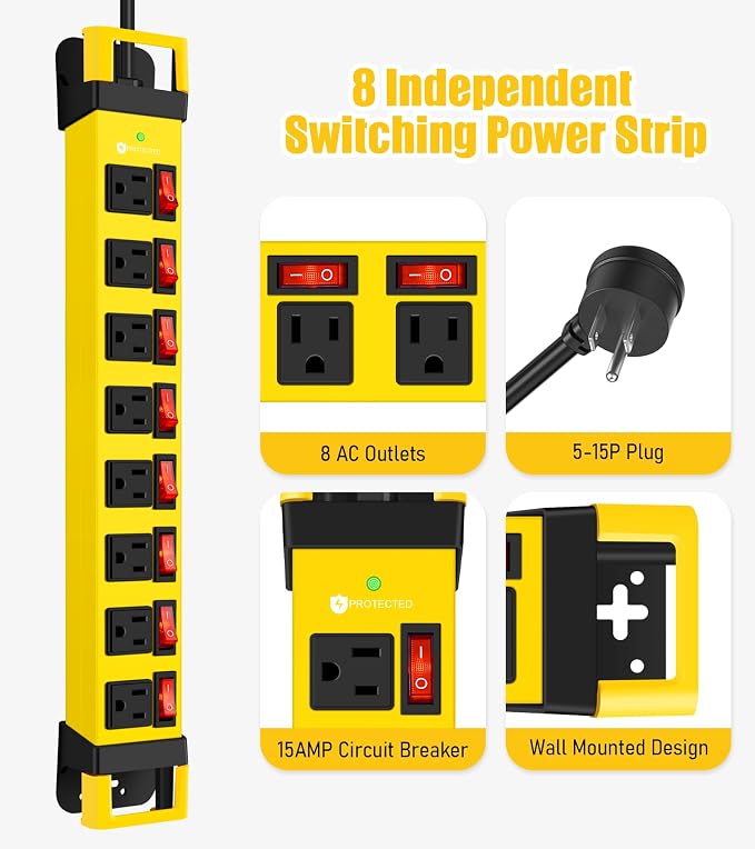 Heavy Duty Power Strip with Individual Switches, 8 Outlets 14 Gauge Industrial - Image 6