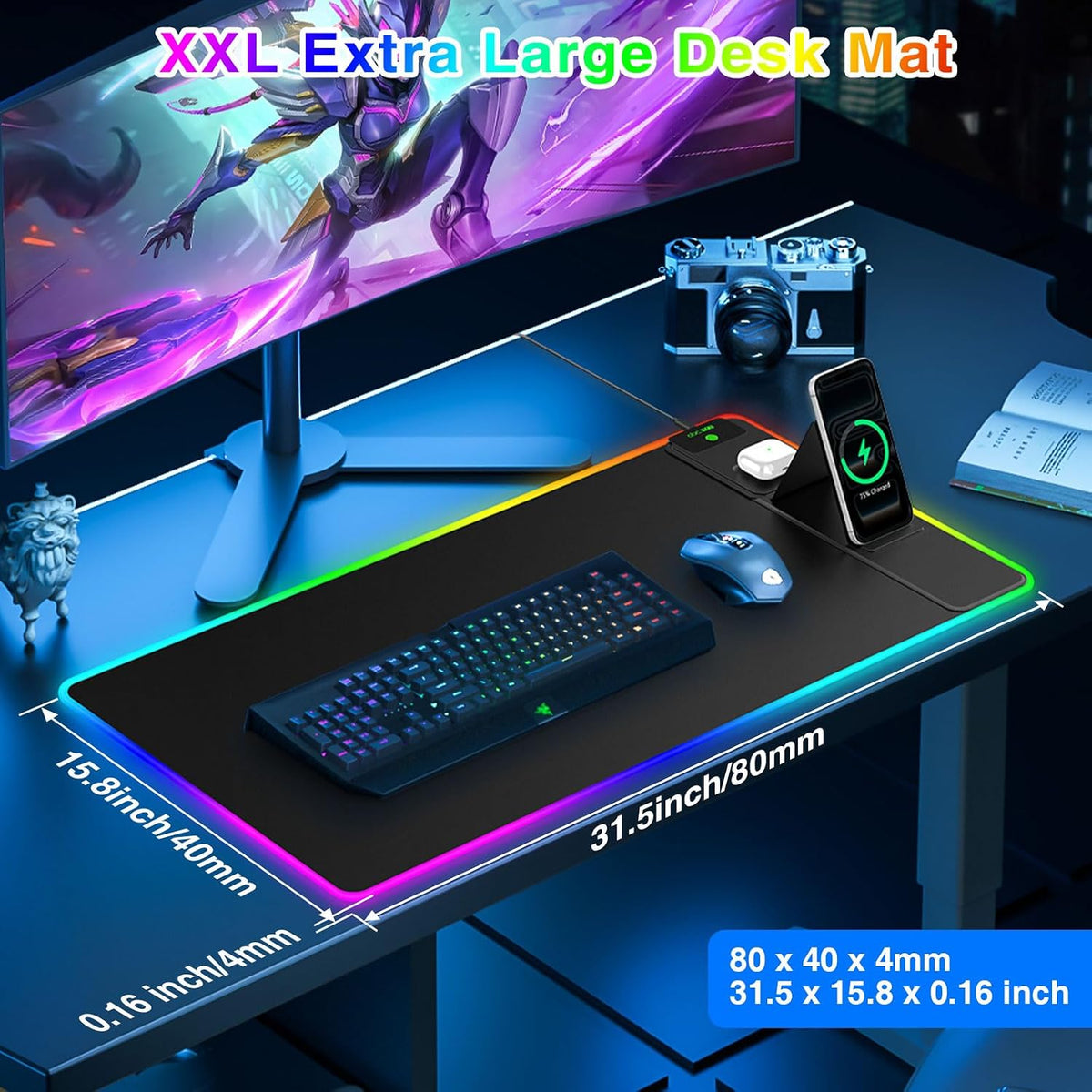 RGB Gaming Mouse Pad with Magnetic Wireless Charging & Foldable Phone