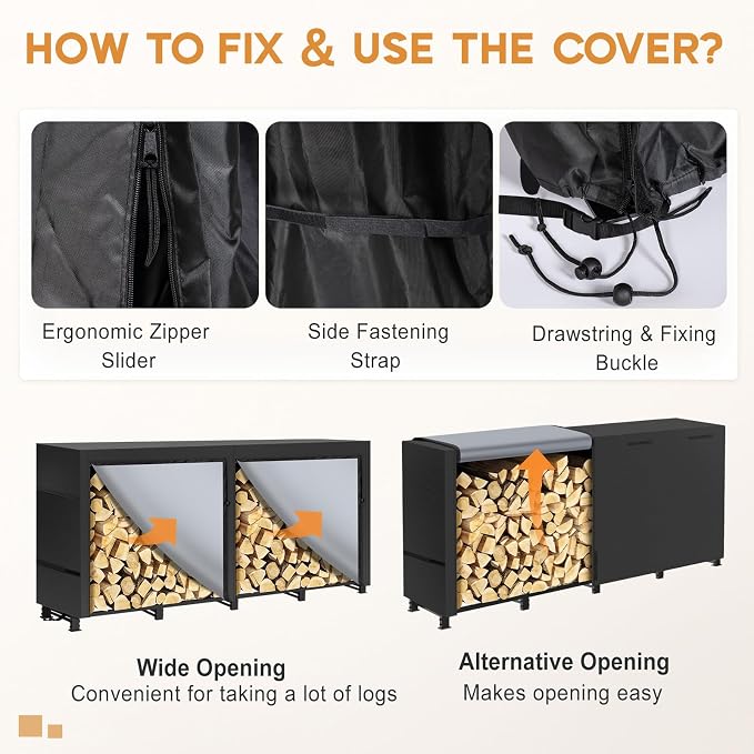 8ft Firewood Rack Outdoor with Waterproof Widened Cover, Heavy Duty Firewood - Image 7