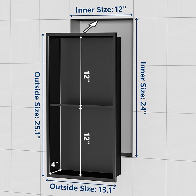 Stainless Steel Shower Niche 24" X 12", No Tile Needed Wall Niche Double Shelves - Image 3