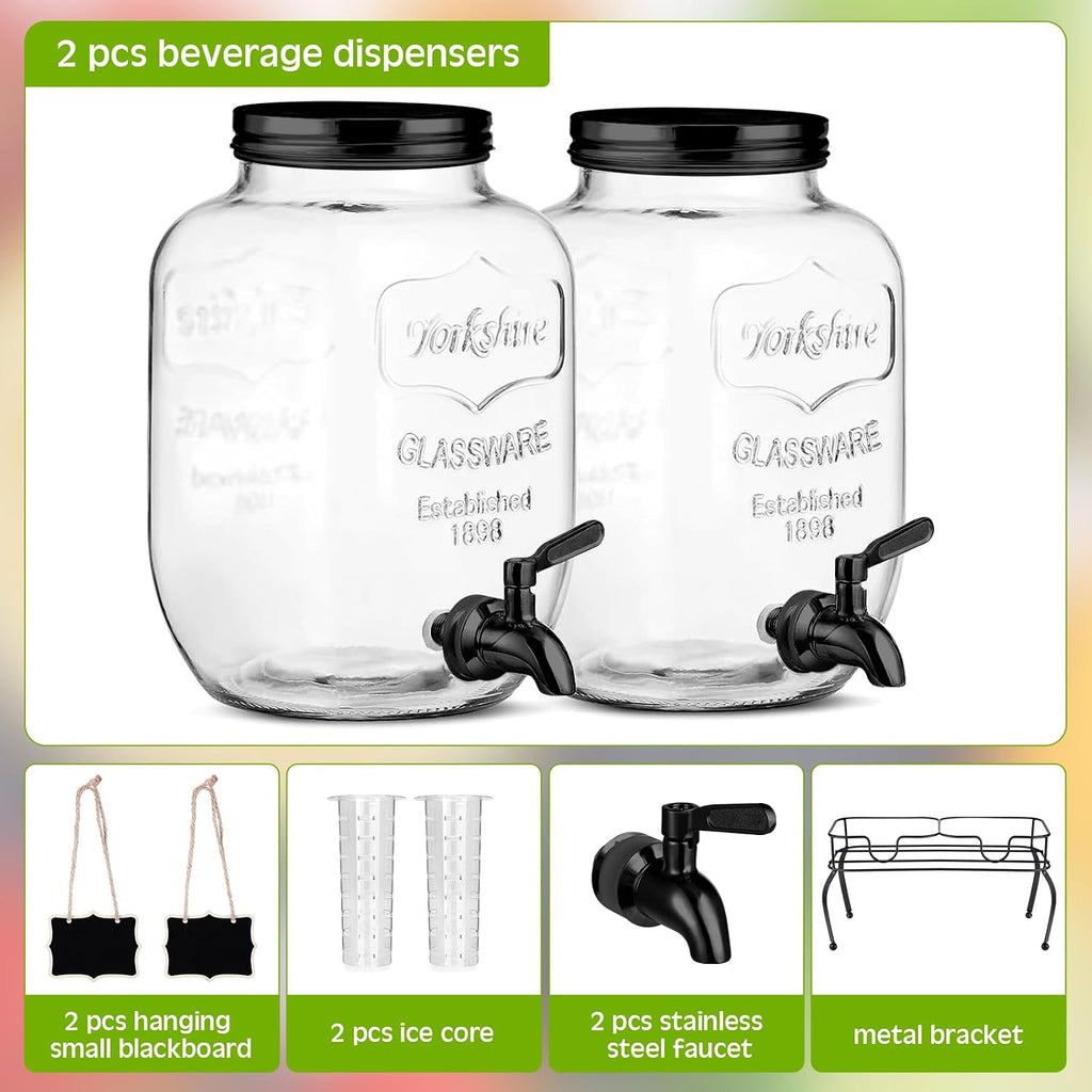 Lallisa 2 Pcs 2 Gallon Glass Drink Dispenser with Stand Ice Cylinder
