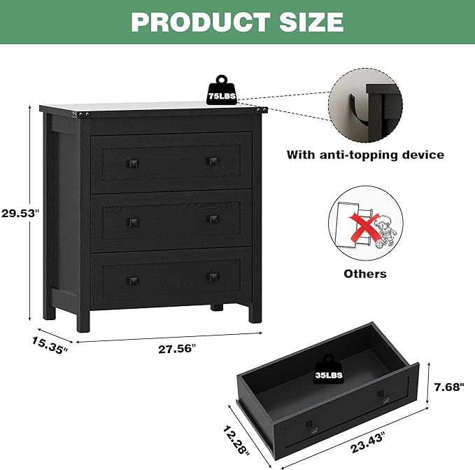 Dresser for Bedroom with 3 Drawers, 27.55" Wide Small Chests of Drawers - Image 2