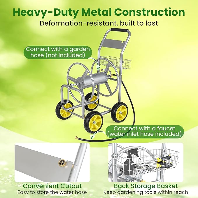 Goplus Garden Hose Reel Cart, 300 FT of 5/8" Large Capacity, Heavy-Duty Metal - Image 3