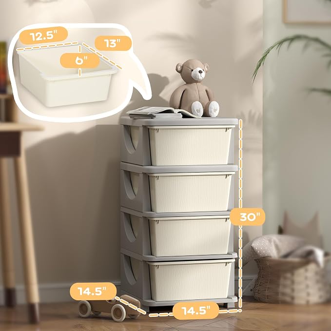 Qaba 4 Tier Kids Storage Unit, 4 Drawer Chest Toy Organizer Plastic Bins - Image 3
